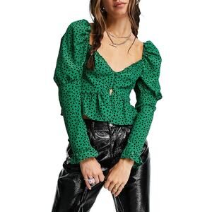 TOPSHOP HEART PRINT‎ PUFF SLEEVE BLOUSE IN GREEN NWOT WOMEN'S SIZE 8